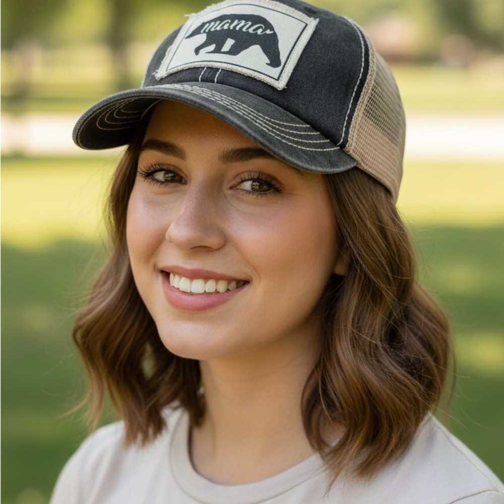 🛍️David & Young Mama Bear Distressed Trucker Hat Charcoal Beige Snapback OS
